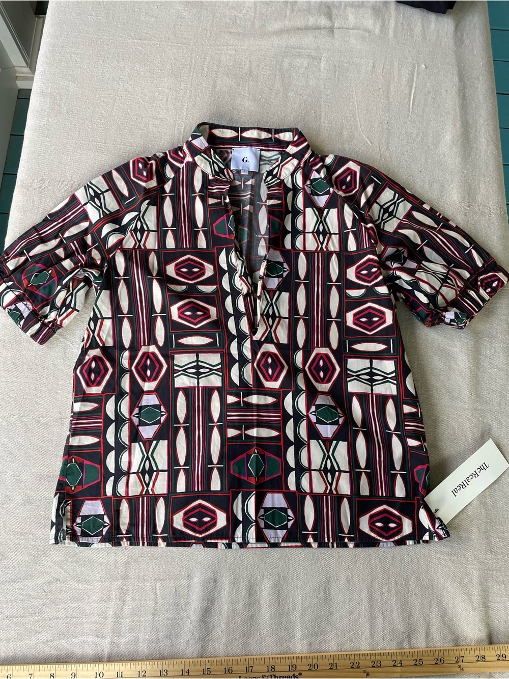 G Label by Goop Geometric Print short sleeve button up top shirt blouse